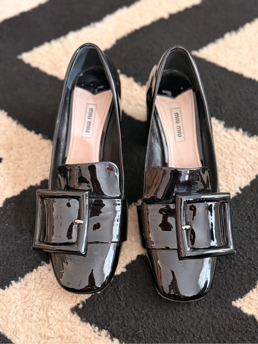 Miu Miu black patent leather loafers oversized buckle